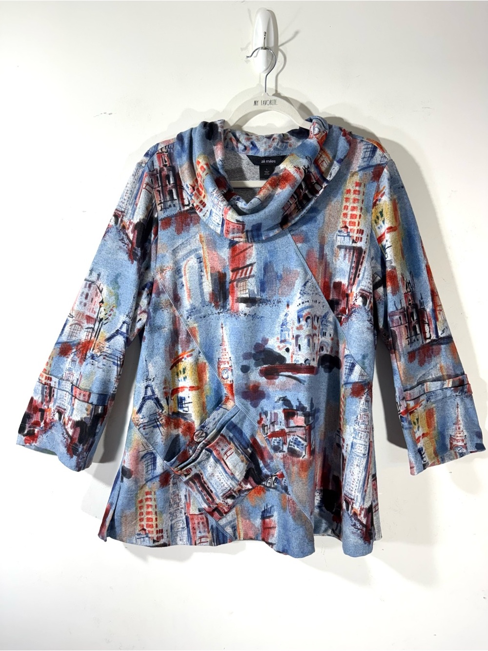 Ali Miles Abstract Village Brushed Knit Tunic Sz Large Cowl Neck Lagenlook
